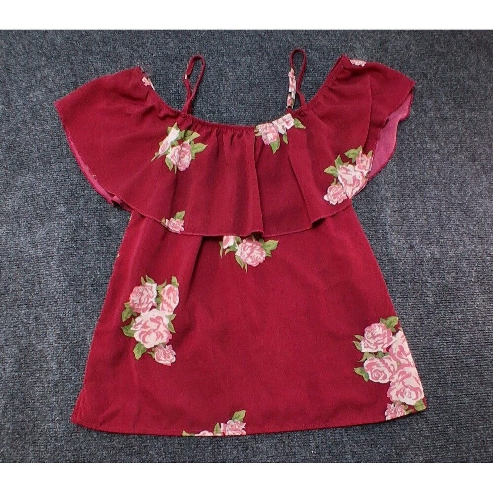 No Boundaries Burgundy Floral Flounce Cold Shoulder Top Size M Boho Cottagecore
